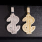 Hollow mesh back view of S925 silver iced out moissanite 3D dollar sign pendants in silver and gold