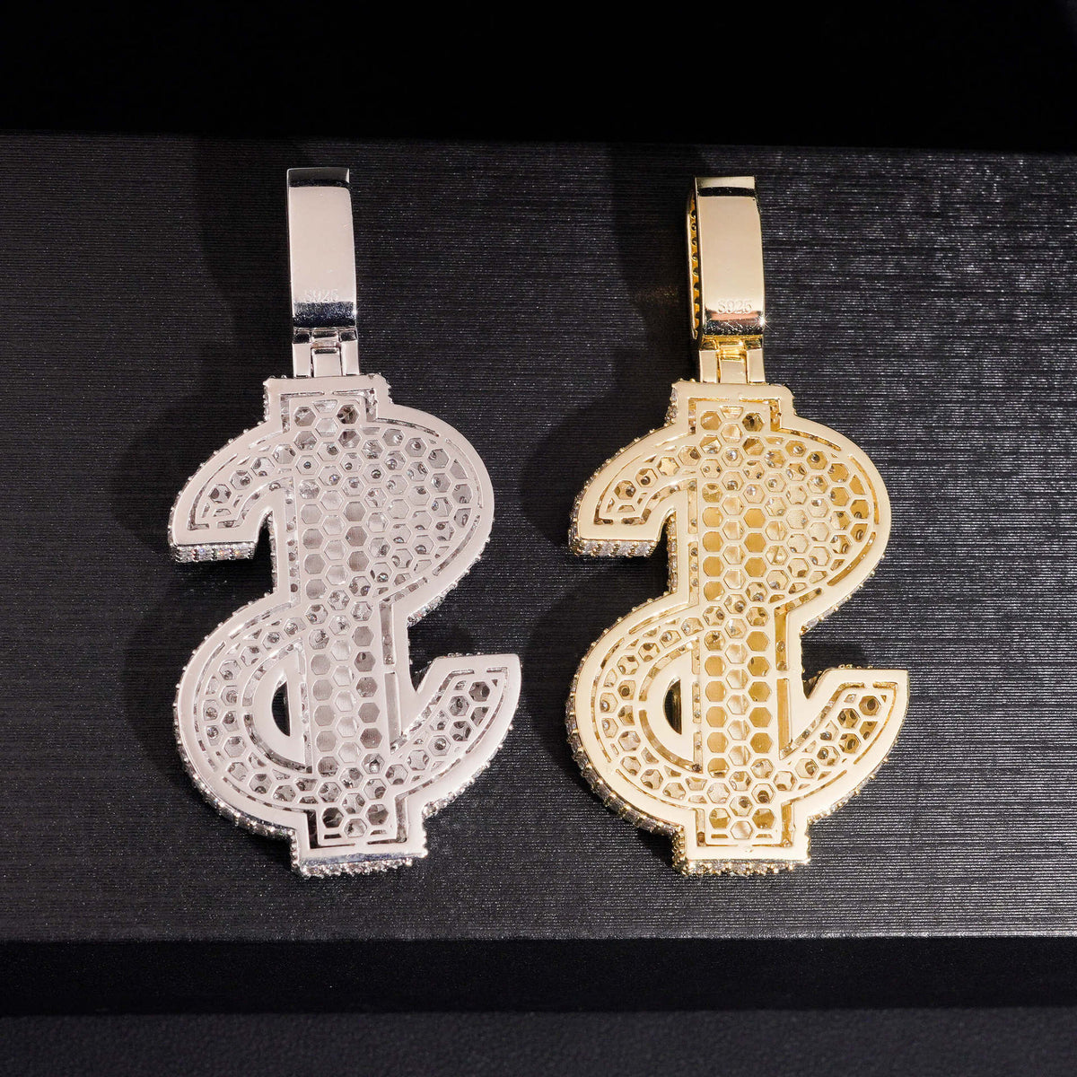Hollow mesh back view of S925 silver iced out moissanite 3D dollar sign pendants in silver and gold