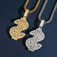 Gold and silver S925 iced out moissanite 3D dollar sign pendants with franco chains on dark surface