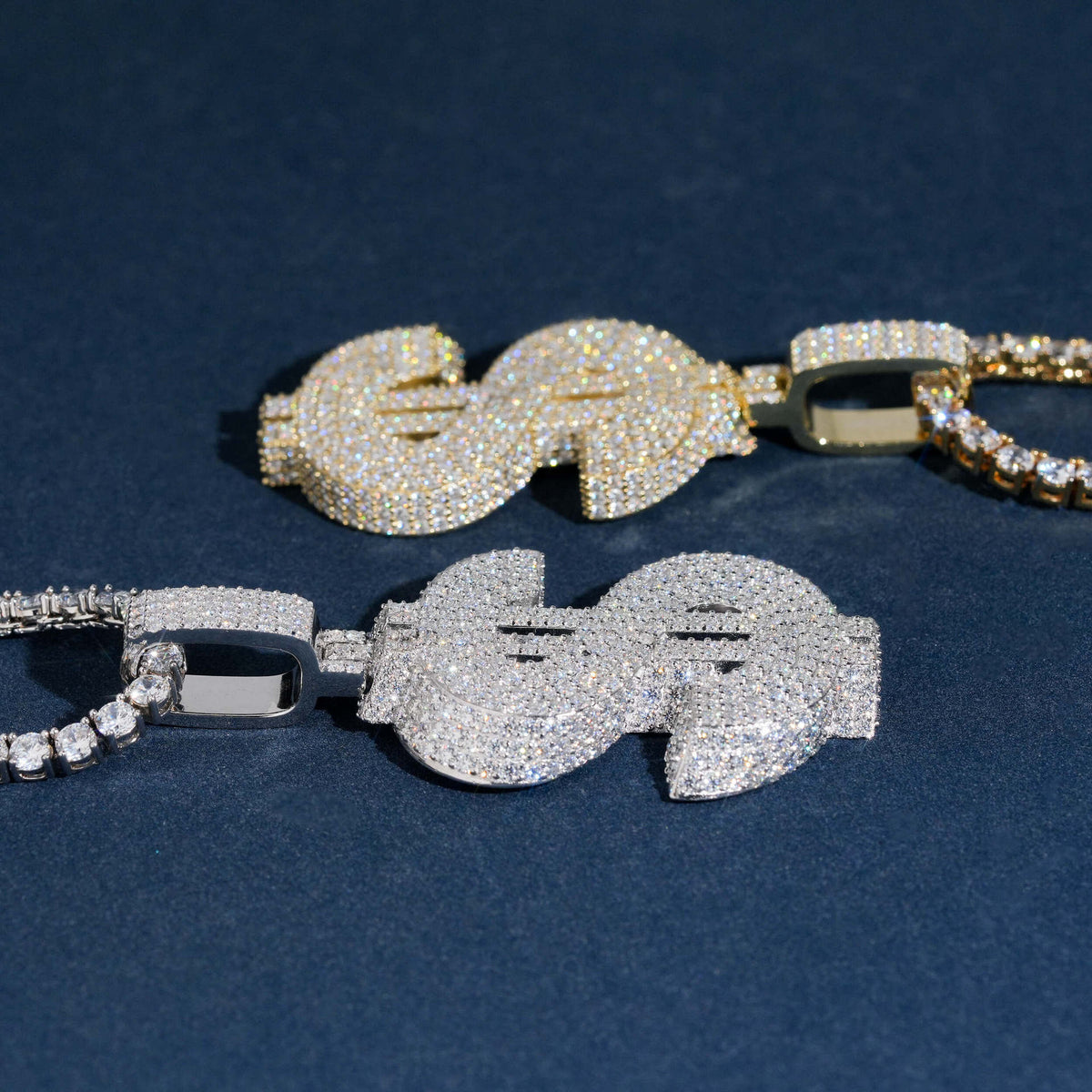 Side view showing 3D thickness of S925 silver iced out moissanite dollar sign pendants in gold and silver