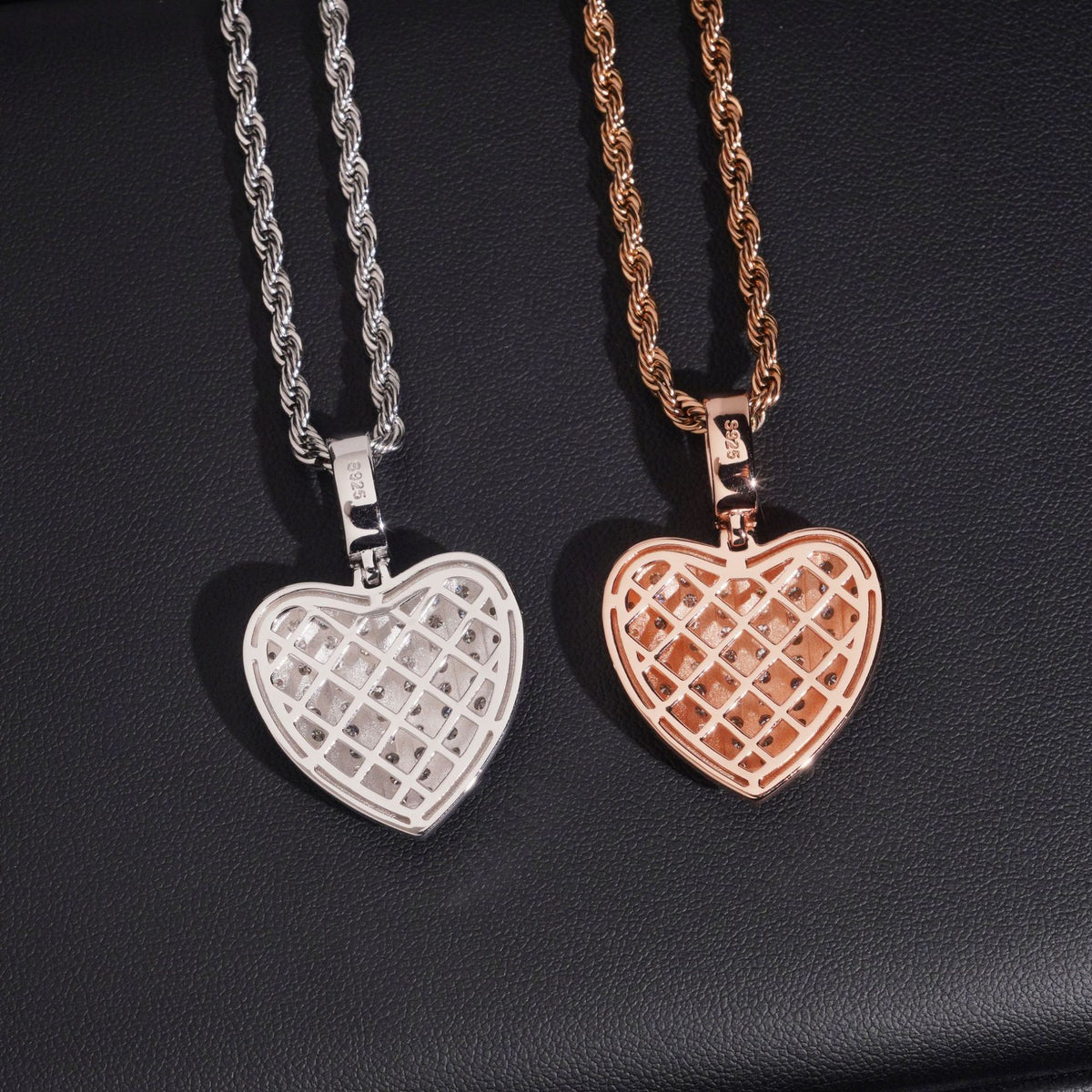 Hollow mesh back view of S925 silver iced out moissanite 3D puffed heart pendants in silver and rose gold