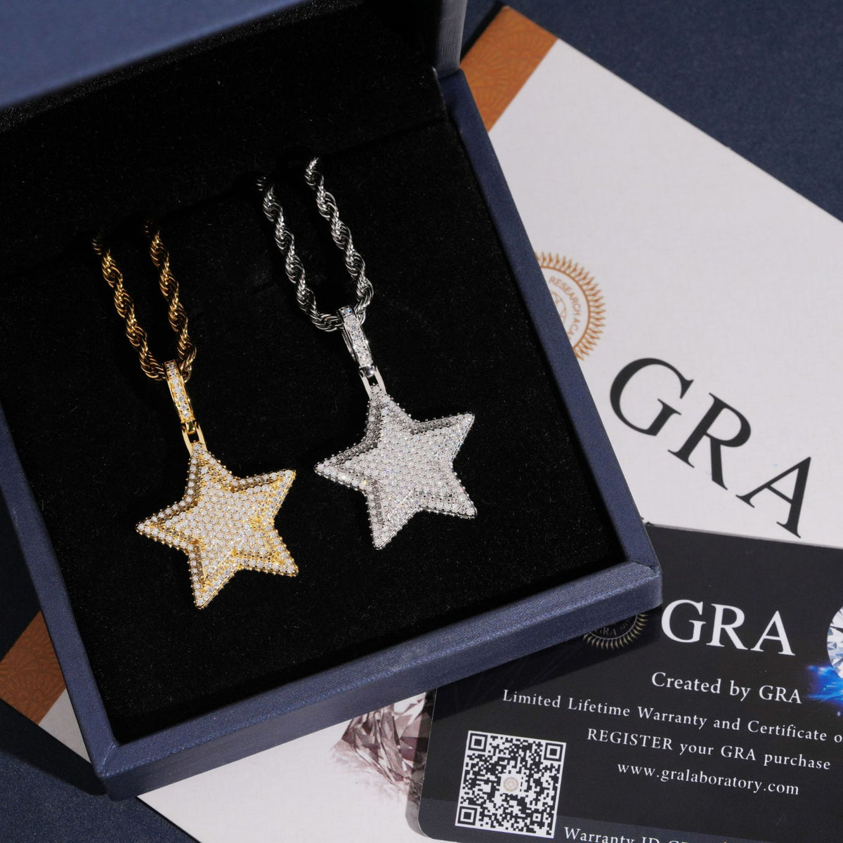 S925 silver iced out moissanite 3D star pendants in luxury blue gift box presented with GRA certificate card