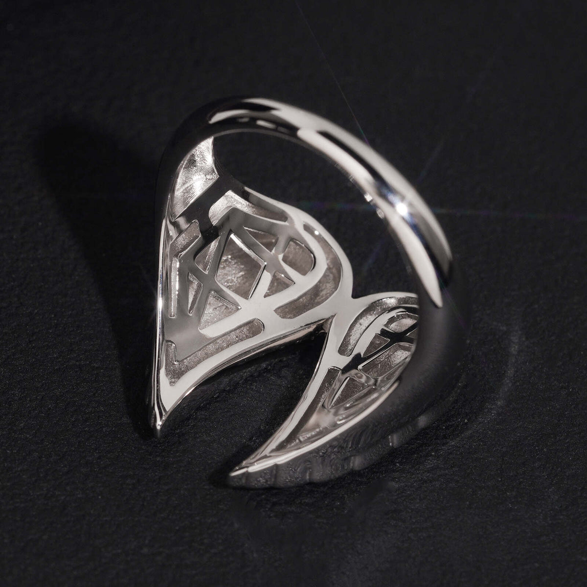 Inside mesh back view of S925 sterling silver iced out moissanite angel wings ring