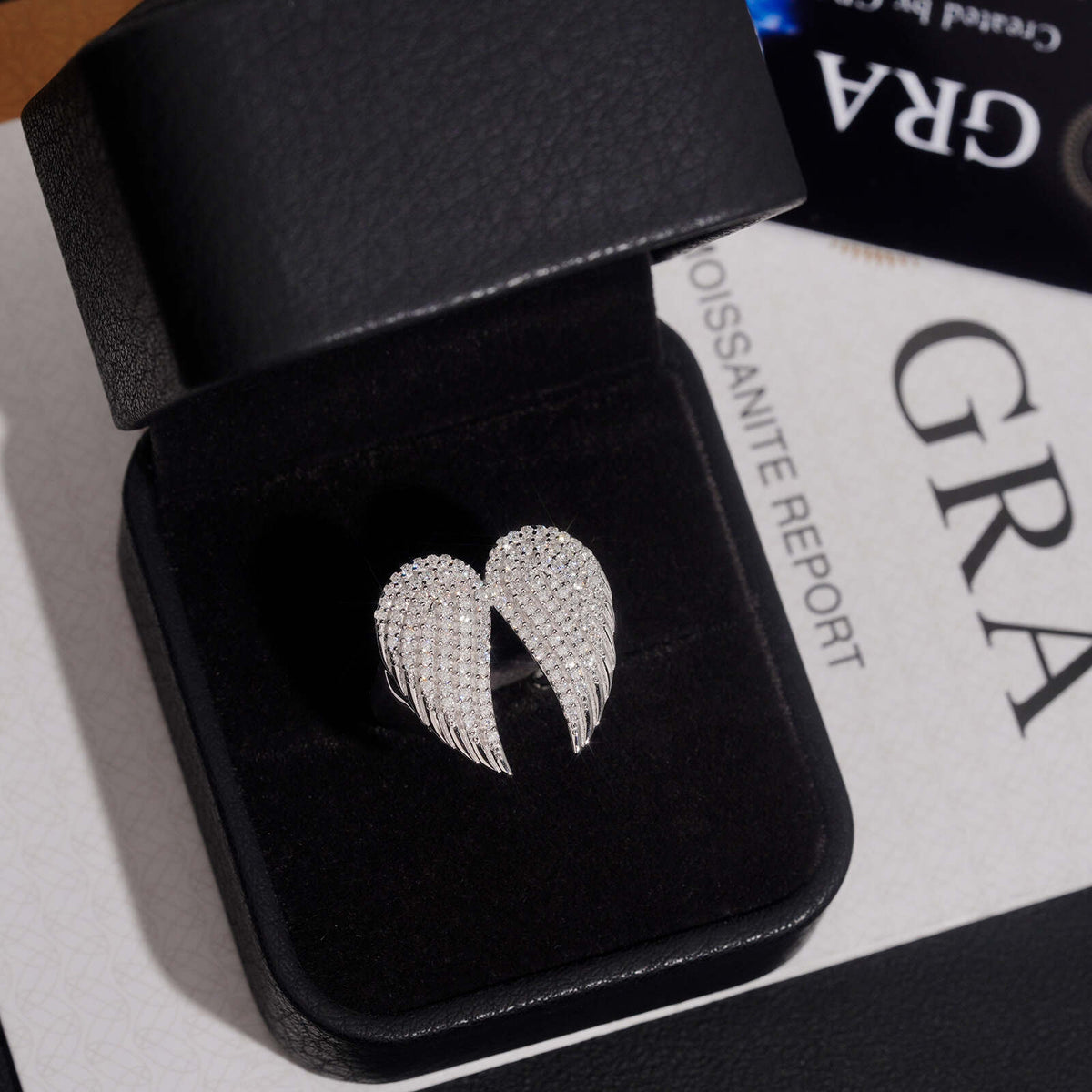 S925 silver iced out moissanite angel wings ring in luxury black box with GRA certificate card