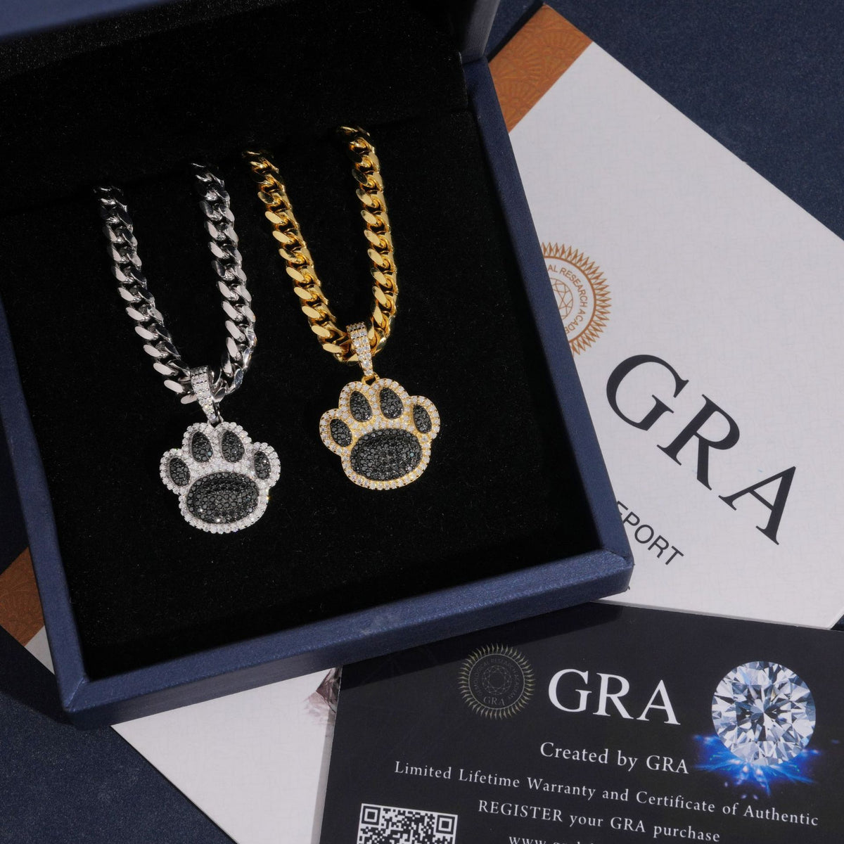 S925 silver iced out moissanite animal paw print pendants in luxury blue gift box with GRA certificates