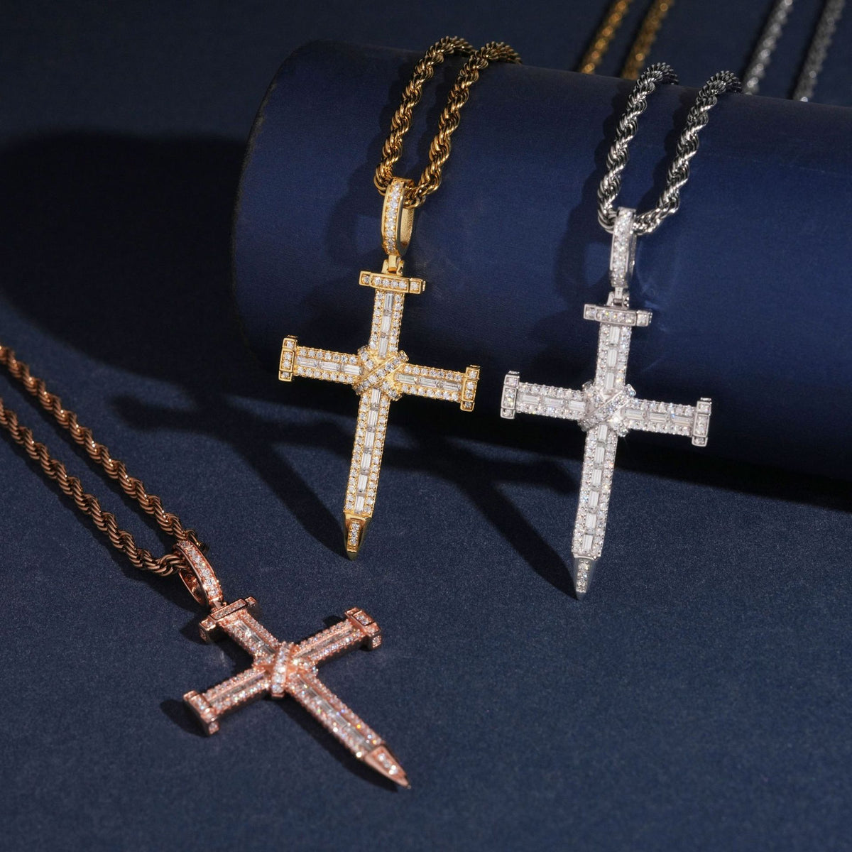S925 silver iced out moissanite baguette cross pendants in gold silver rose gold hanging on rope chains