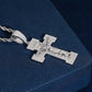 S925 silver iced out moissanite baguette crucifix cross pendant with rope chain on dark blue display surface