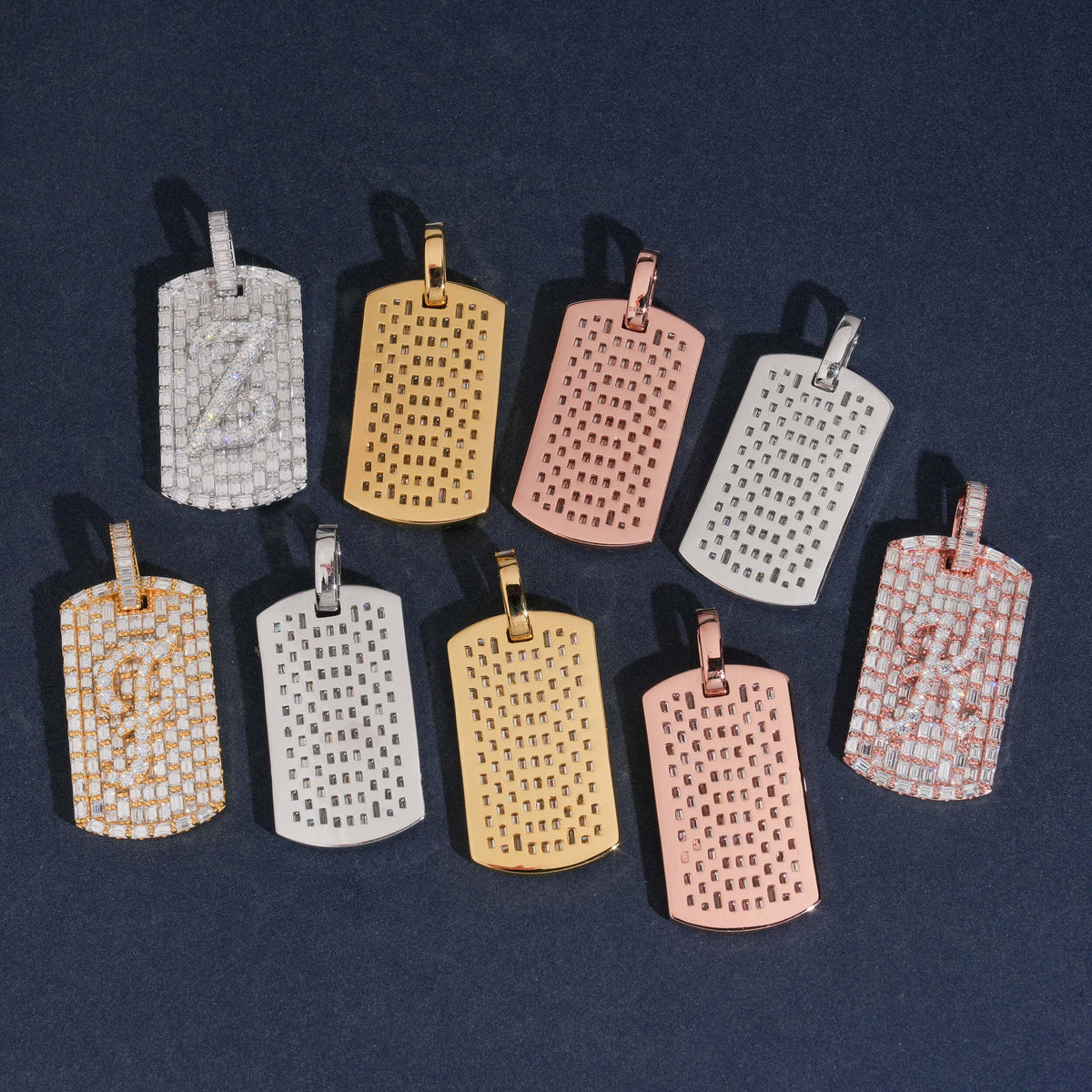 S925 silver moissanite baguette initial dog tag pendants in silver, gold, and rose gold on dark background