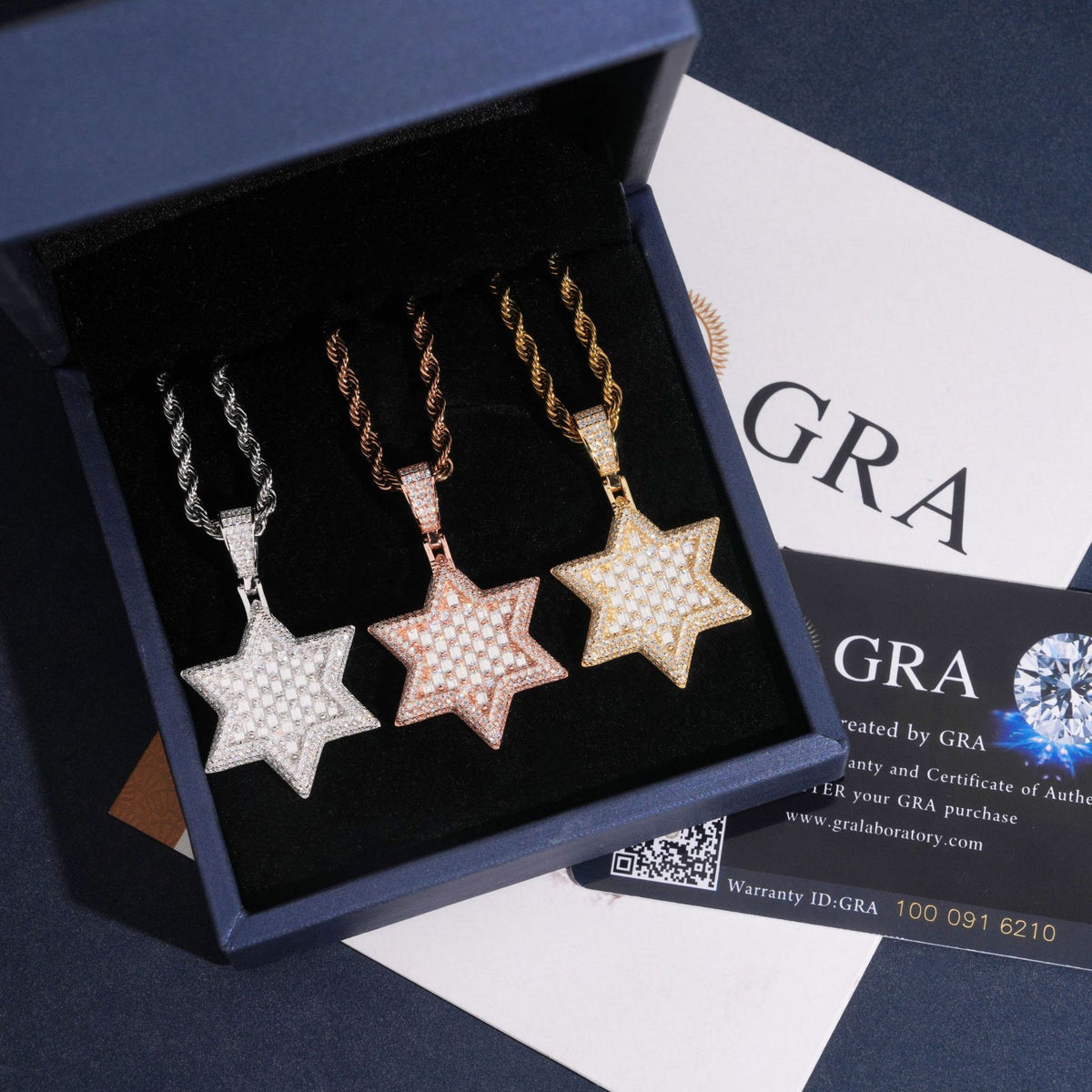 S925 silver iced out moissanite baguette Star of David pendants in blue gift box presented with GRA certificate card