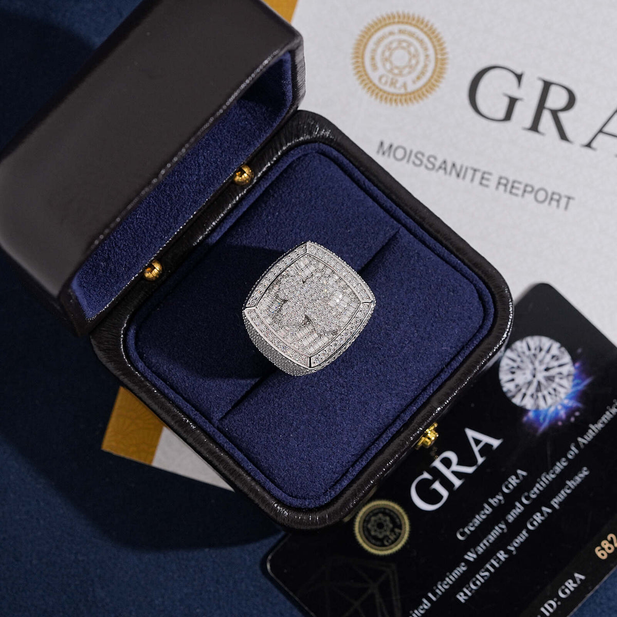 S925 silver iced out moissanite cushion cross ring in luxury blue box with GRA certificate card