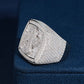 Side profile view of S925 silver iced out moissanite baguette cushion cross ring showing pavé shank   