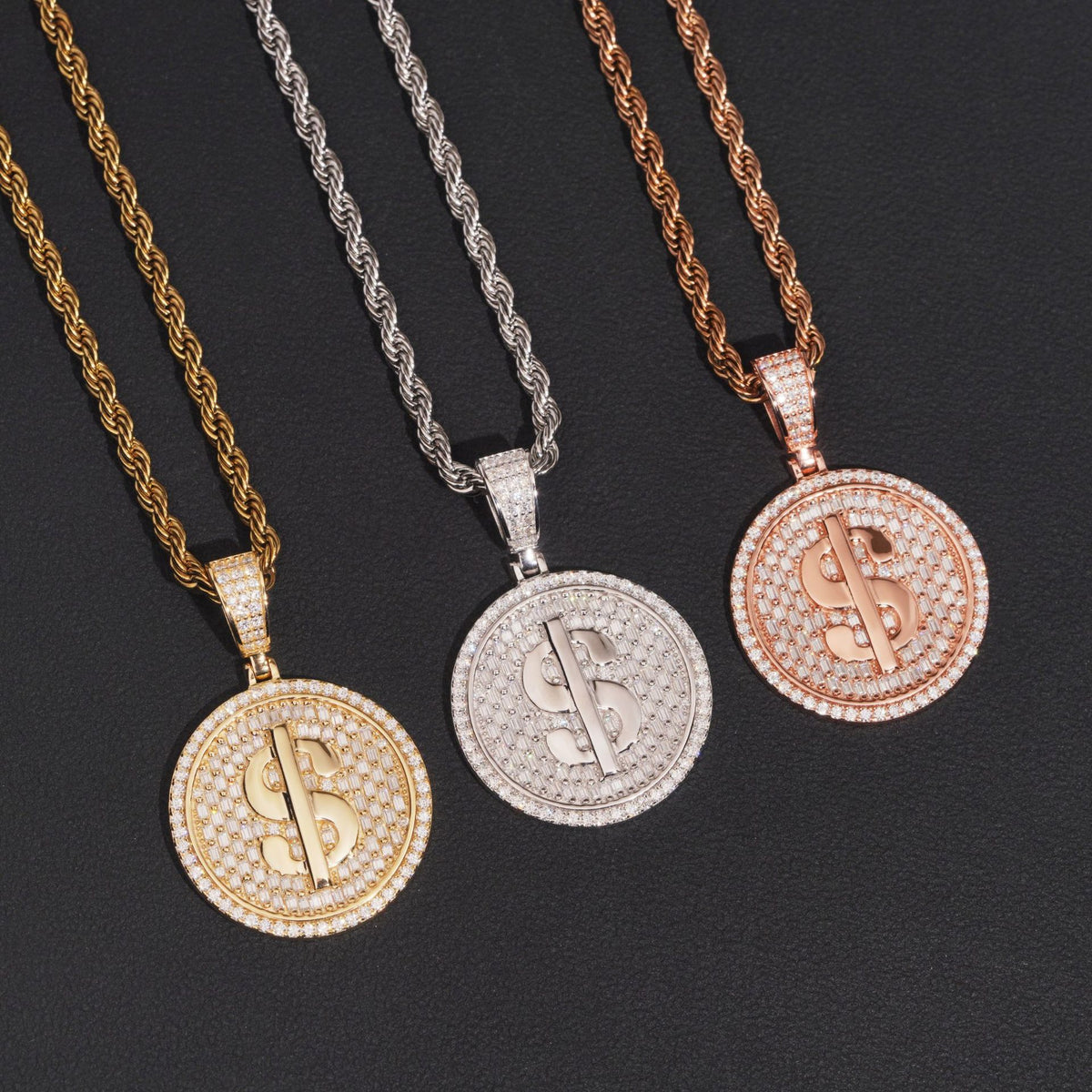 S925 silver iced out moissanite dollar sign medallion pendants presented with GRA report card on white cardholder
