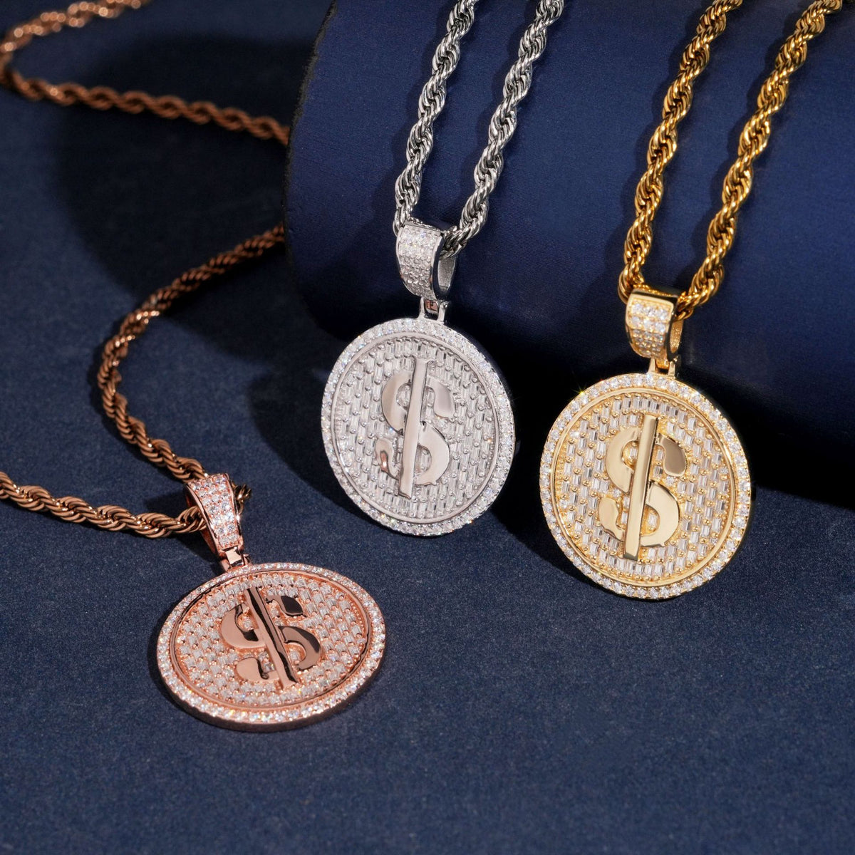 S925 silver iced out moissanite dollar sign medallion pendants in rose gold silver gold displayed with rope chains
