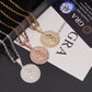Model wearing layered S925 sterling silver iced out moissanite dollar sign medallion pendant necklaces