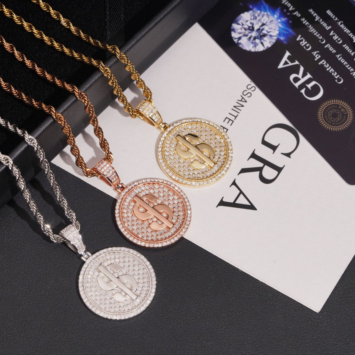 Model wearing layered S925 sterling silver iced out moissanite dollar sign medallion pendant necklaces