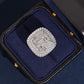 S925 silver iced out moissanite eagle cushion signet ring displayed in luxury blue box