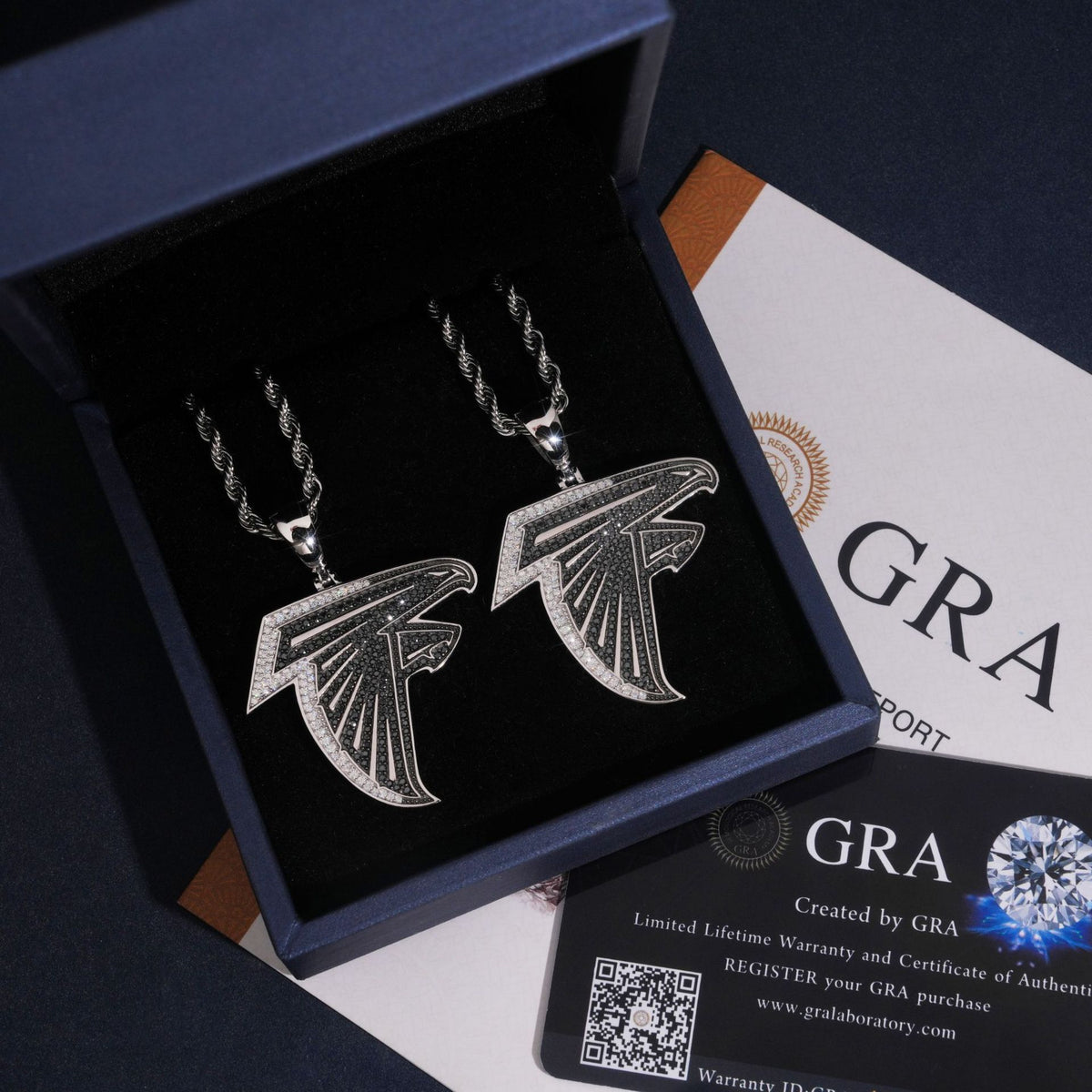 S925 silver iced out moissanite falcon bird logo pendants in luxury blue gift box with GRA certificate booklet