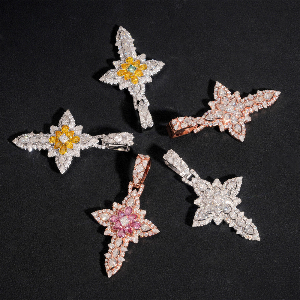 S925 silver iced out moissanite floral cluster cross pendants in pink yellow clear stones arranged in a star pattern