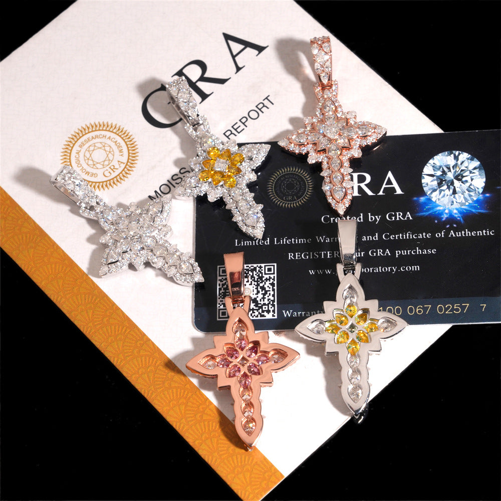 S925 silver moissanite floral cluster cross pendants in rose gold and silver displayed on GRA certificate card   