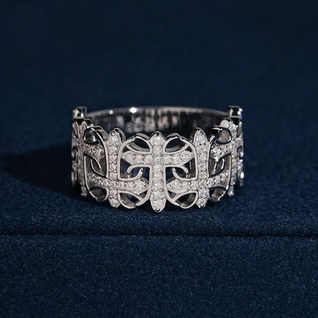 S925 sterling silver moissanite gothic cemetery cross band ring on dark blue velvet background