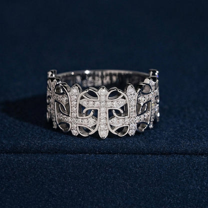 S925 sterling silver moissanite gothic cemetery cross band ring on dark blue velvet background