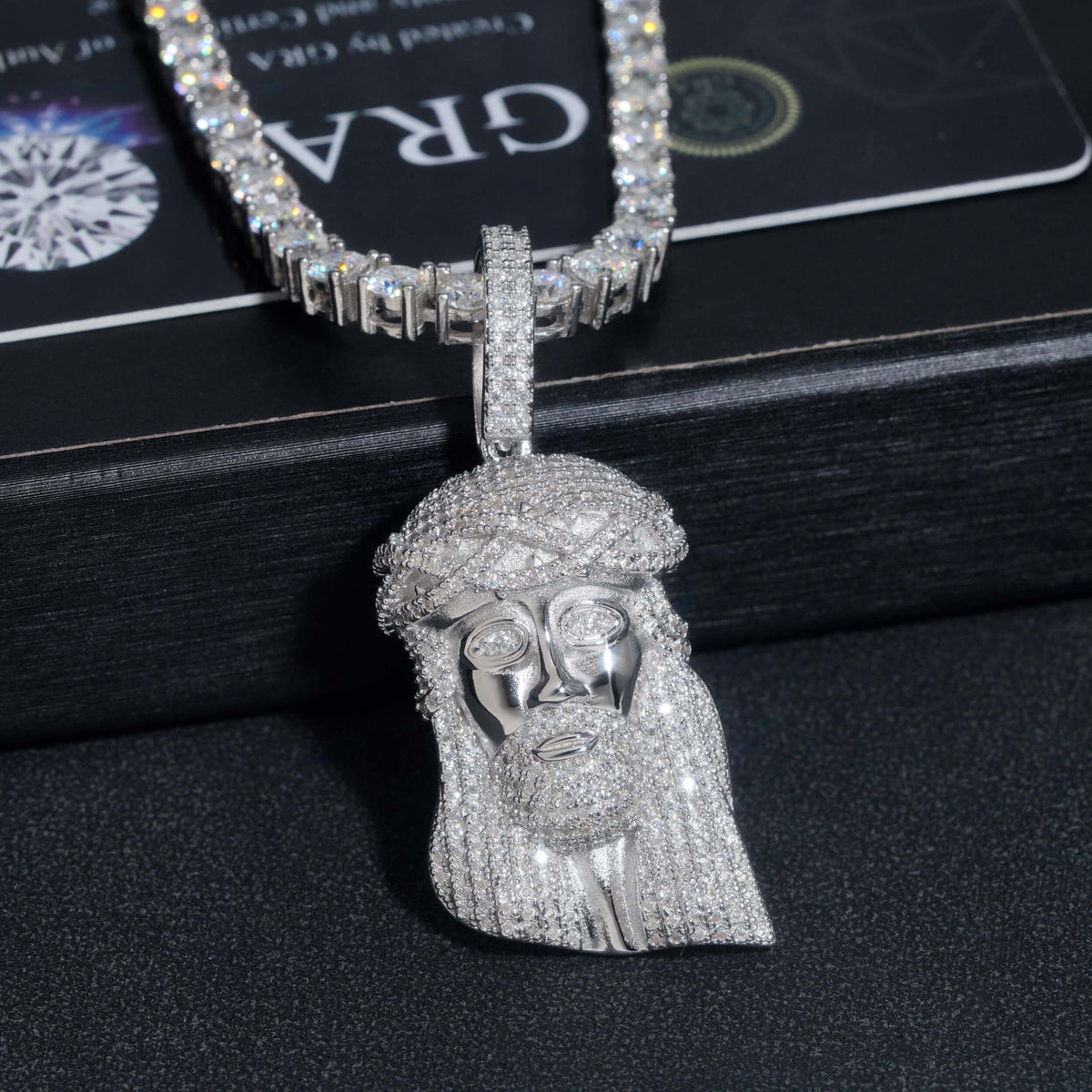 S925 silver iced out moissanite classic Jesus piece pendant with tennis chain presented on GRA certificate box