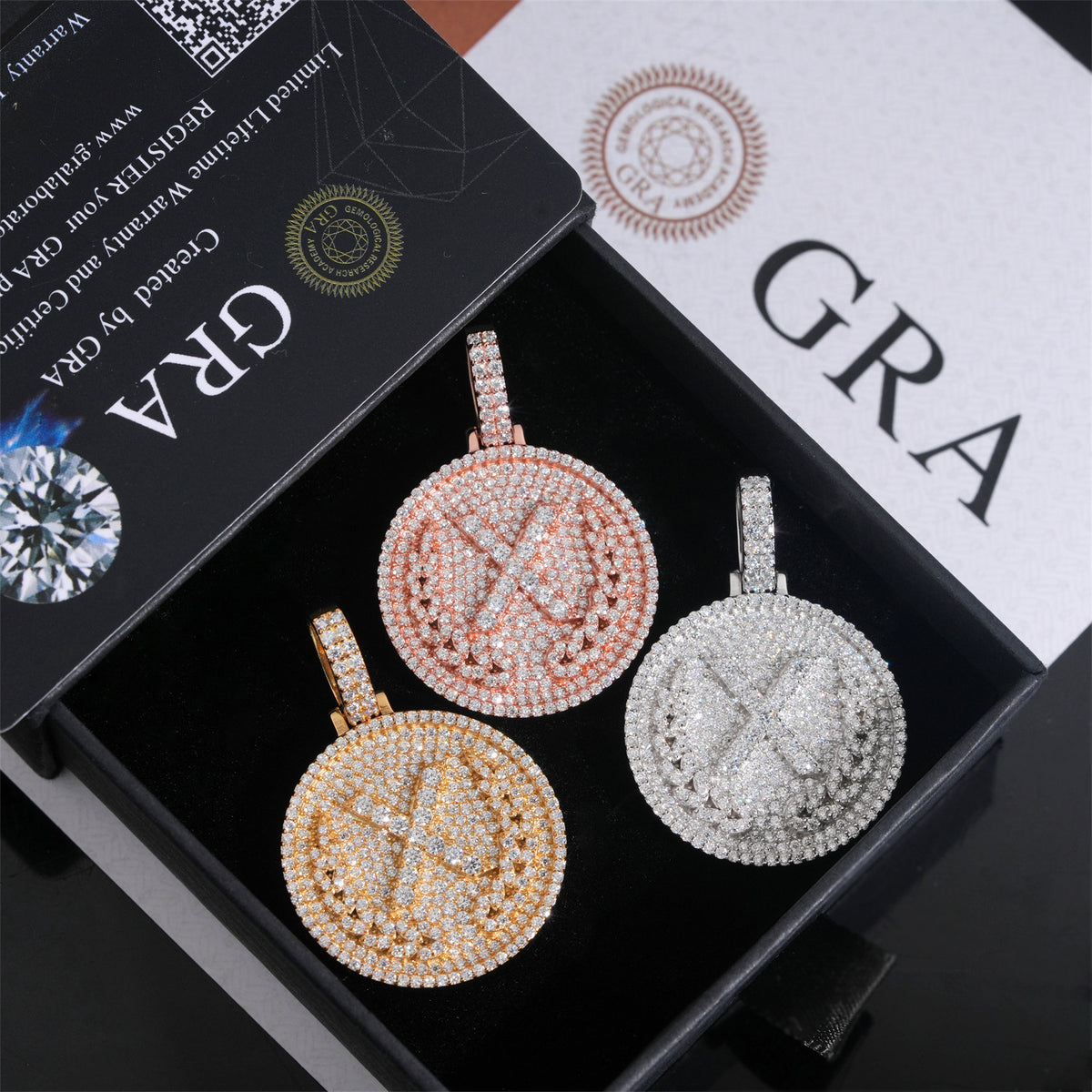 Three-color S925 silver iced out moissanite letter X medallion pendants in black display box with GRA card