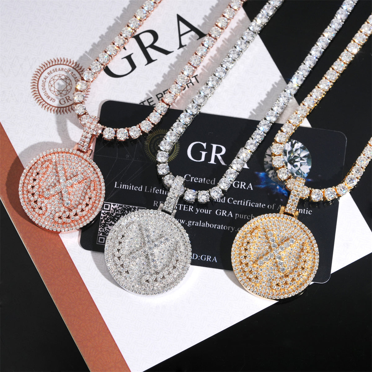 S925 silver iced out moissanite letter X medallion pendants on tennis chains presented with GRA certificate card