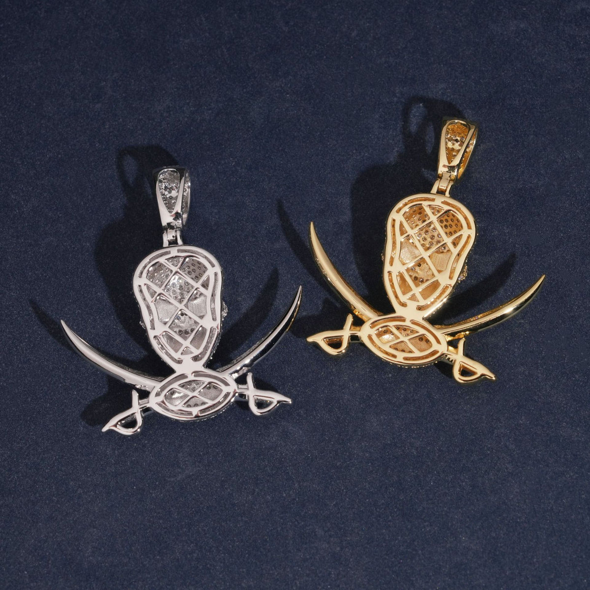 Hollow mesh back view of S925 sterling silver iced out moissanite pirate skull and swords pendants in silver and gold