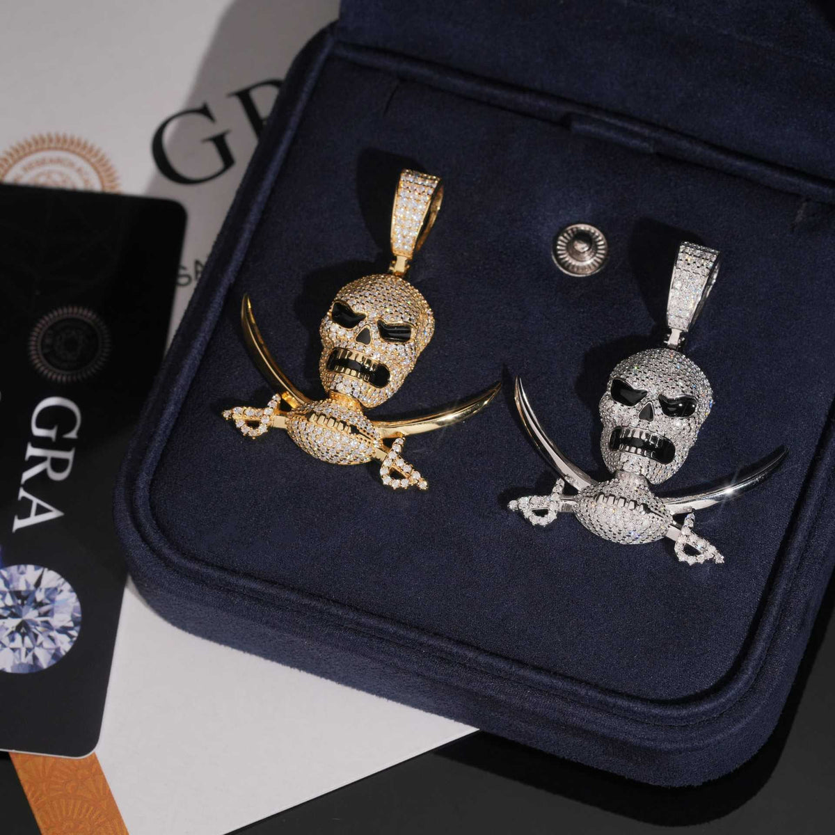 S925 silver iced out moissanite pirate skull and swords pendants in blue gift box presented with GRA certificate card