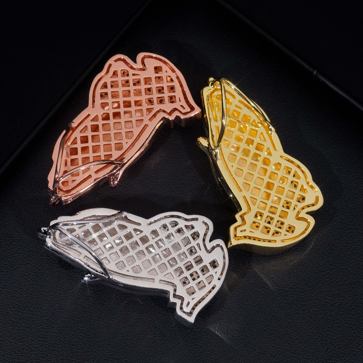 Hollow mesh back view of S925 sterling silver moissanite praying hands pendants in rose gold silver gold