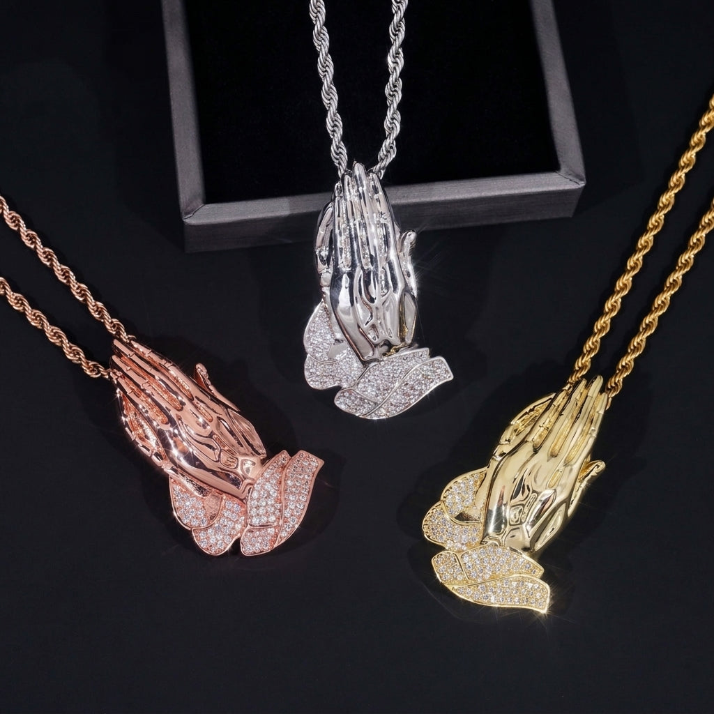 Rose gold silver and gold S925 iced out moissanite praying hands pendants hanging on rope chains