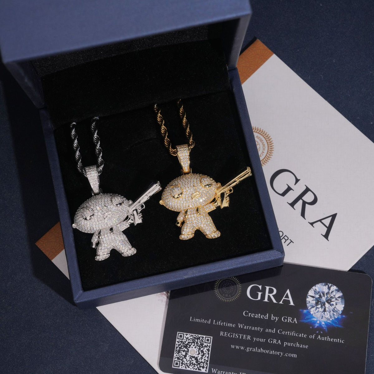 S925 silver iced out moissanite Stewie with gun pendants in luxury gift box with GRA certificates