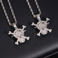Hollow mesh back view of S925 sterling silver iced out moissanite straw hat pirate skull pendants on dark display