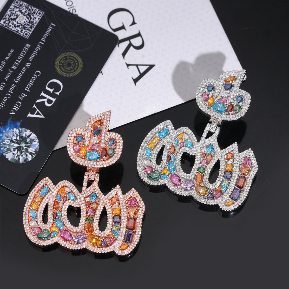 Rose gold and silver S925 multi-color moissanite Arabic Allah pendants displayed with GRA certificates