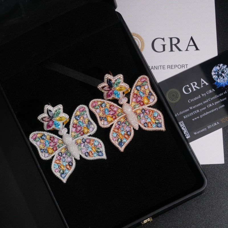 S925 silver iced out multi-color moissanite butterfly pendants in black box with GRA certificate card