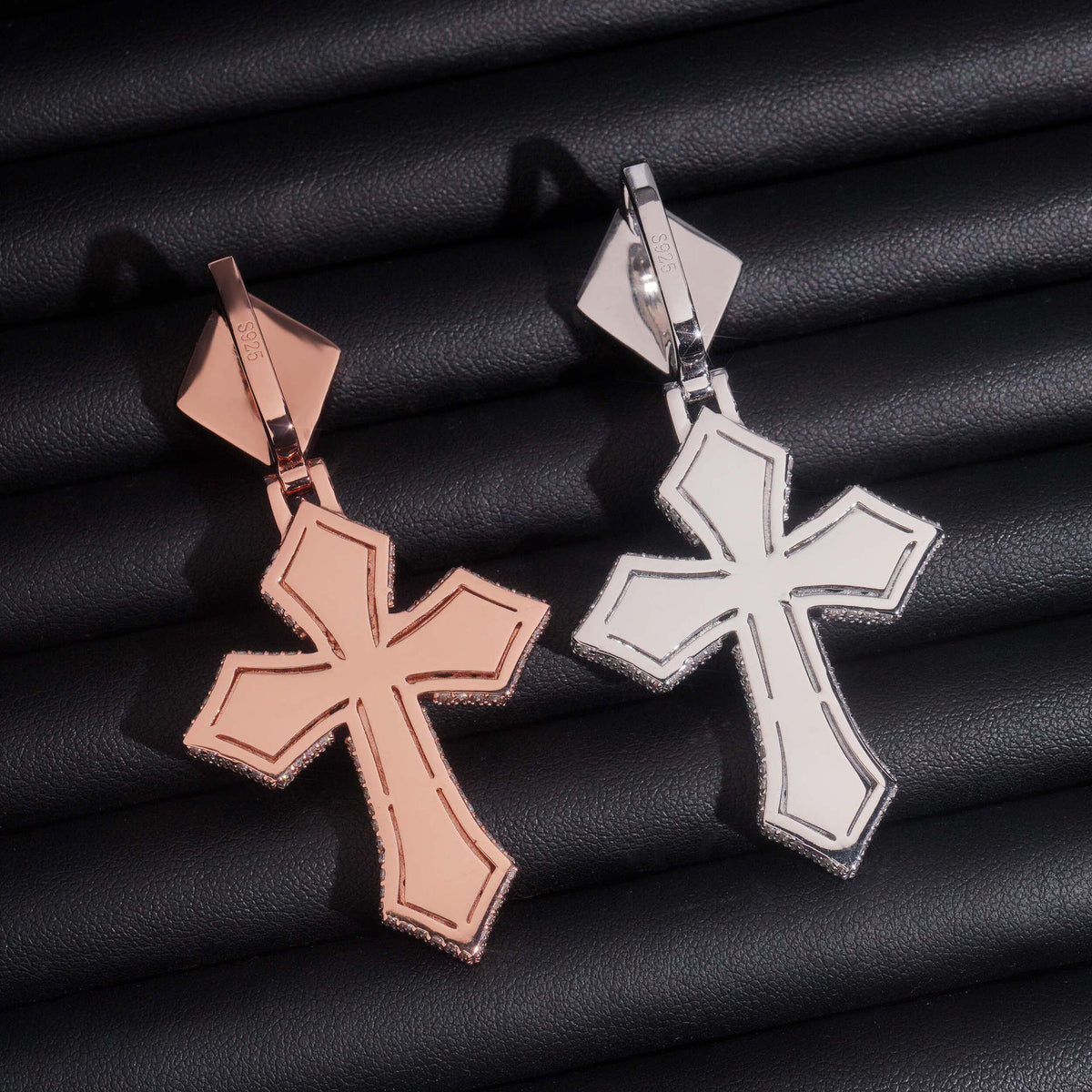 Smooth polished back view of S925 sterling silver multi-color moissanite cross pendants in rose gold and silver