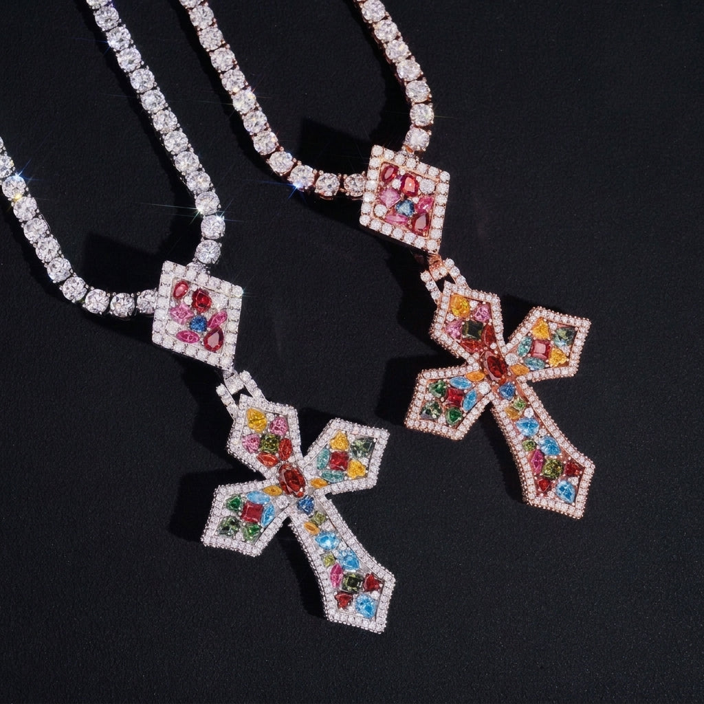 S925 silver iced out multi-color moissanite cross pendants in silver and rose gold with tennis chains