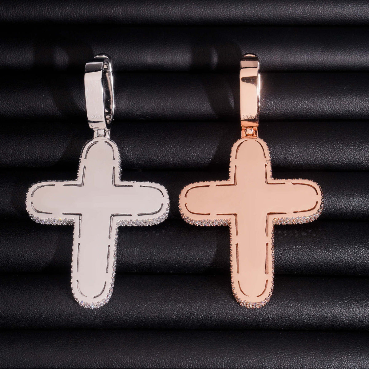 Smooth polished back view of S925 sterling silver multi-color moissanite rounded cross pendants in rose gold and silver