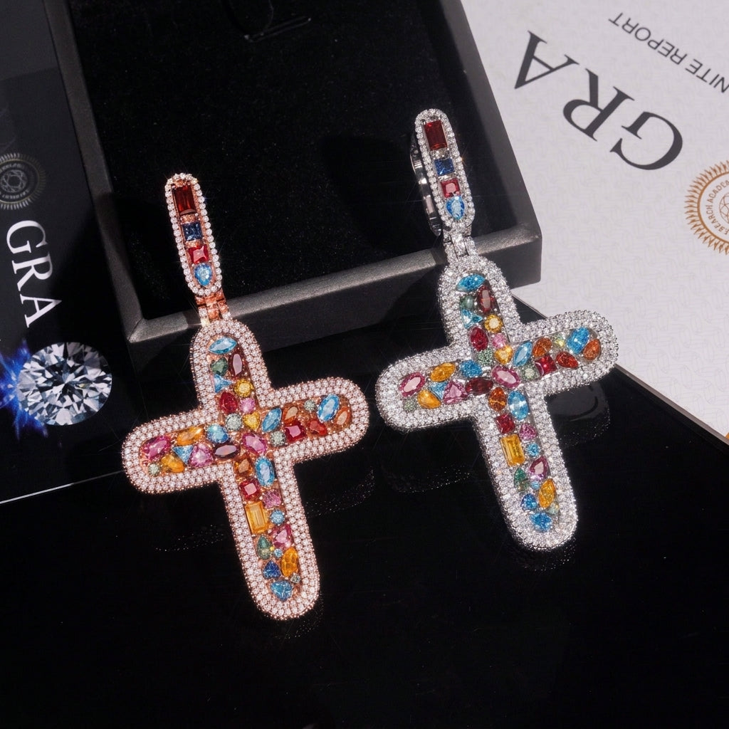 S925 silver iced out multi-color moissanite rounded cross pendants in rose gold and silver displayed on GRA report card