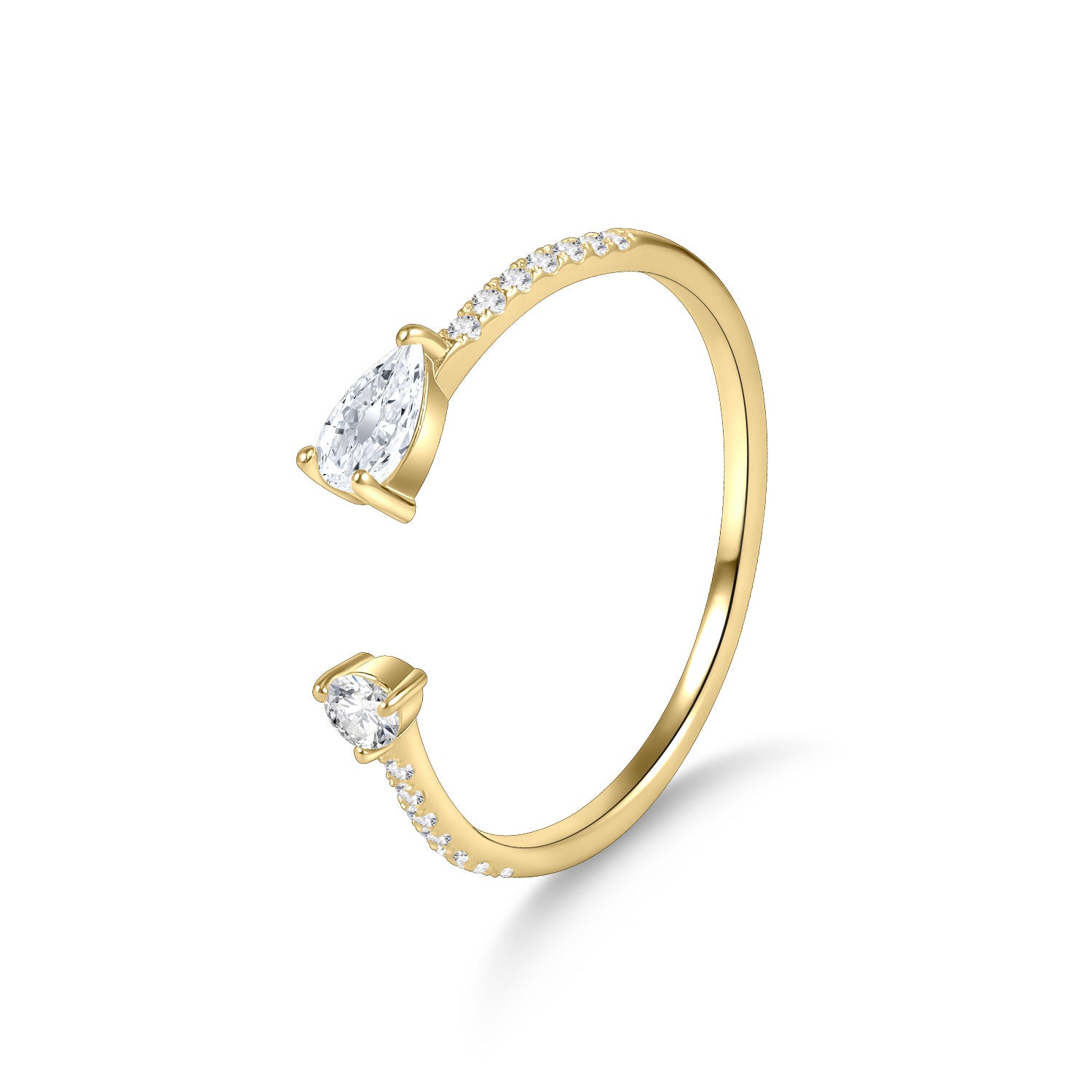 Gold ring with pear-shaped and round diamonds on a white background
