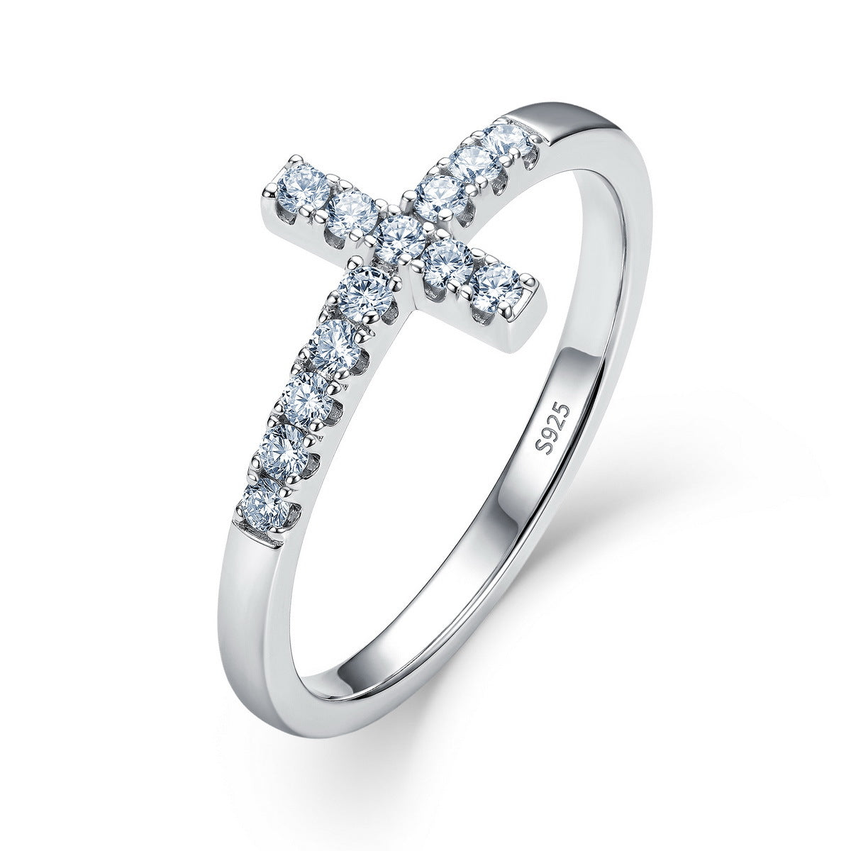 Sideways cross lab grown diamond ring in sterling silver isolated on white background