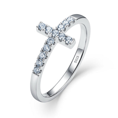 Sideways cross lab grown diamond ring in sterling silver isolated on white background