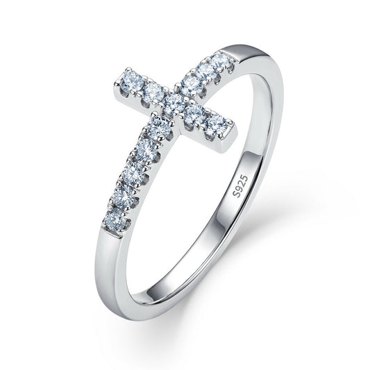Sideways cross lab grown diamond ring in sterling silver isolated on white background