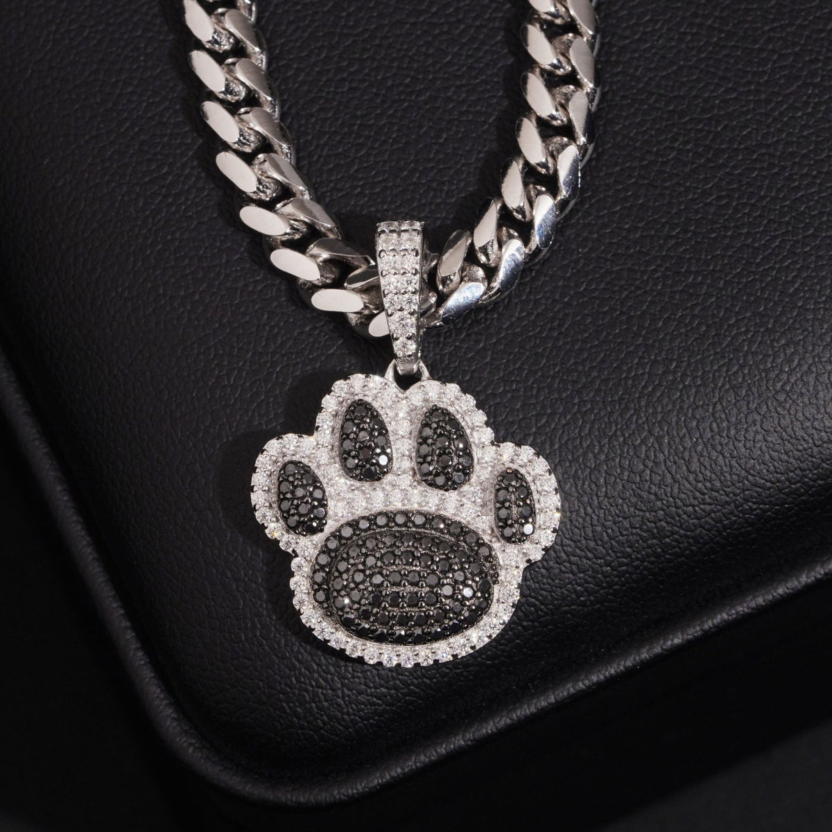 White gold S925 sterling silver iced out moissanite animal paw print pendant with cuban chain on leather box
