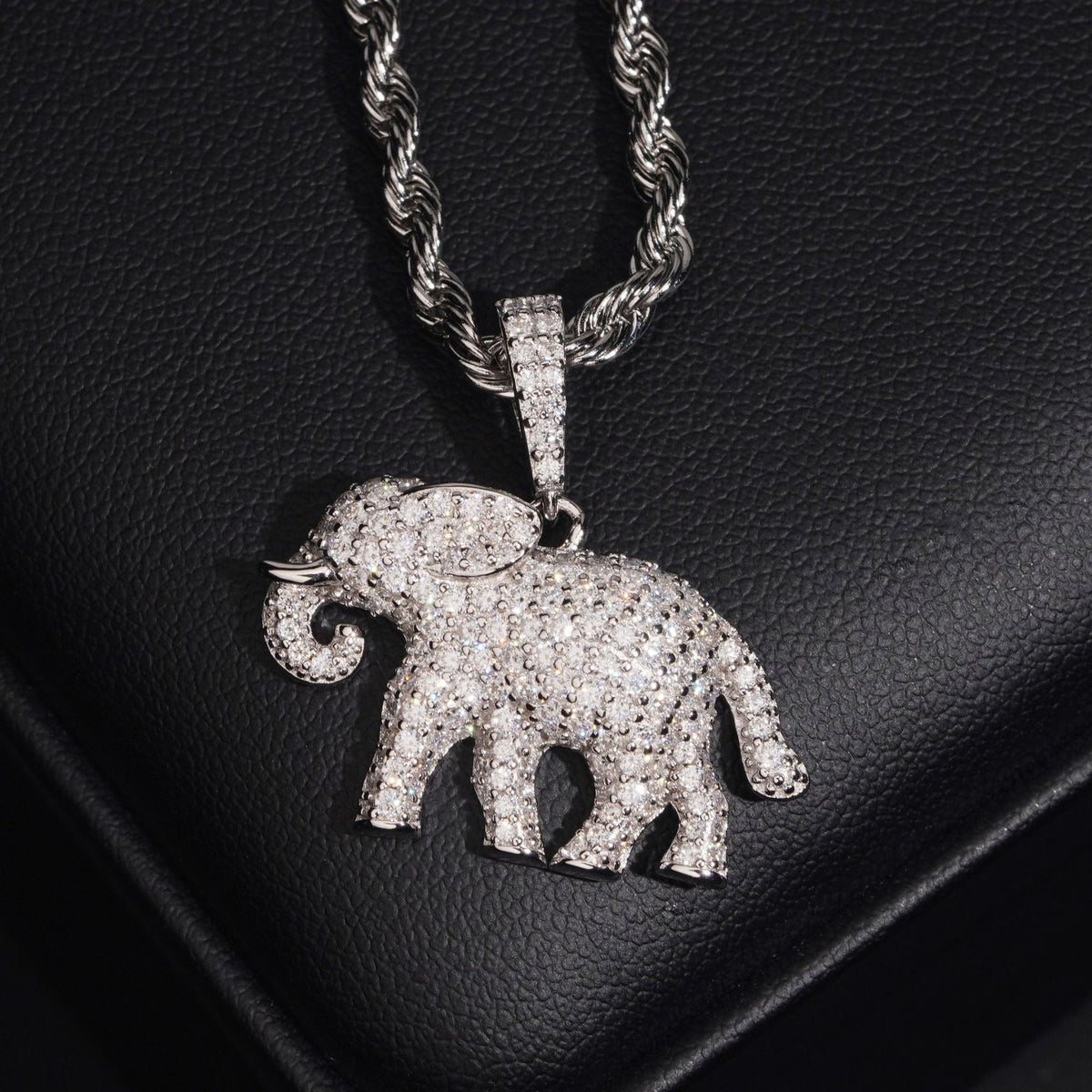 White gold S925 sterling silver iced out moissanite elephant pendant with rope chain on leather display box