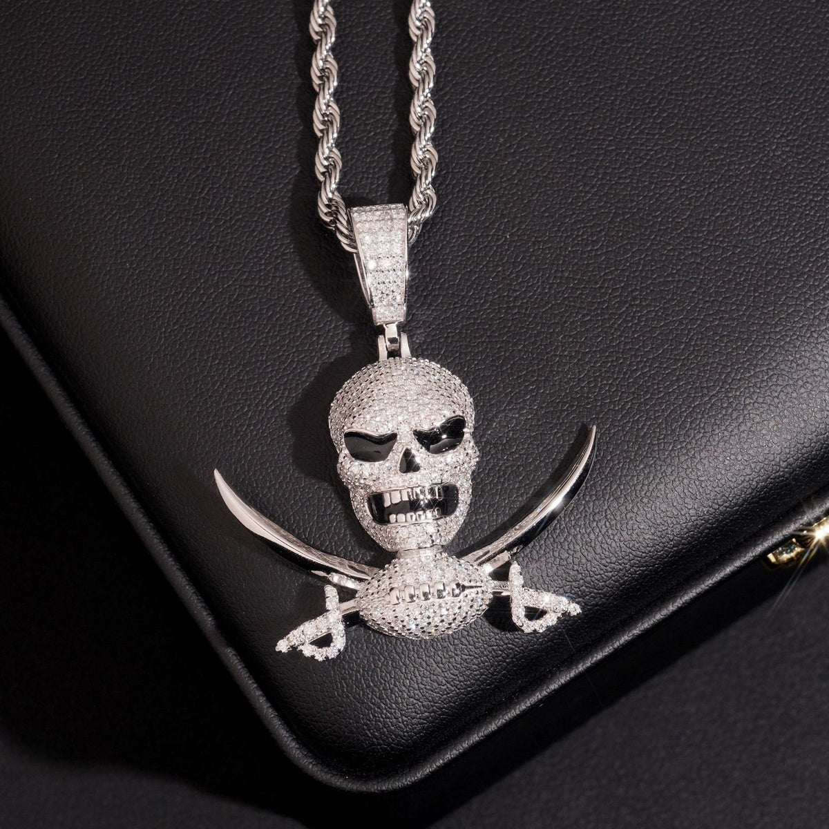 White gold S925 sterling silver iced out moissanite pirate skull and swords pendant on leather display box