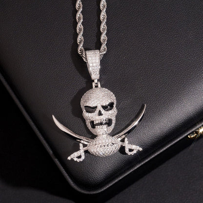White gold S925 sterling silver iced out moissanite pirate skull and swords pendant on leather display box