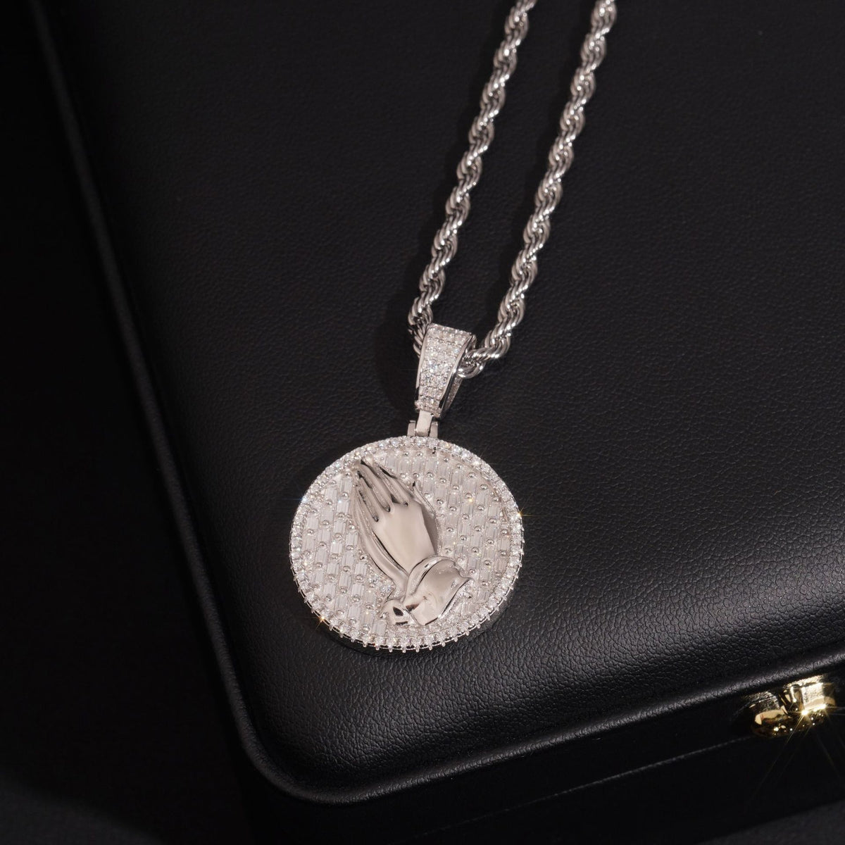 White gold 925 sterling silver iced out moissanite praying hands medallion pendant with rope chain on leather display box