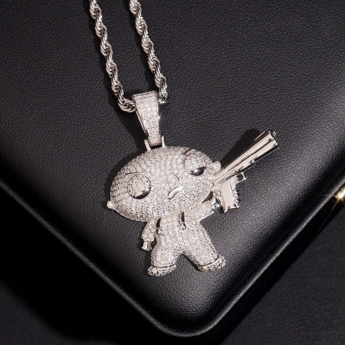 White gold S925 sterling silver iced out moissanite Stewie with gun pendant on leather display box